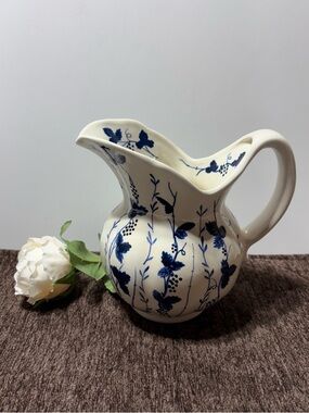 Blue Floral Ceramic Pitcher - Classic Home Art Vase farmhouse French Country